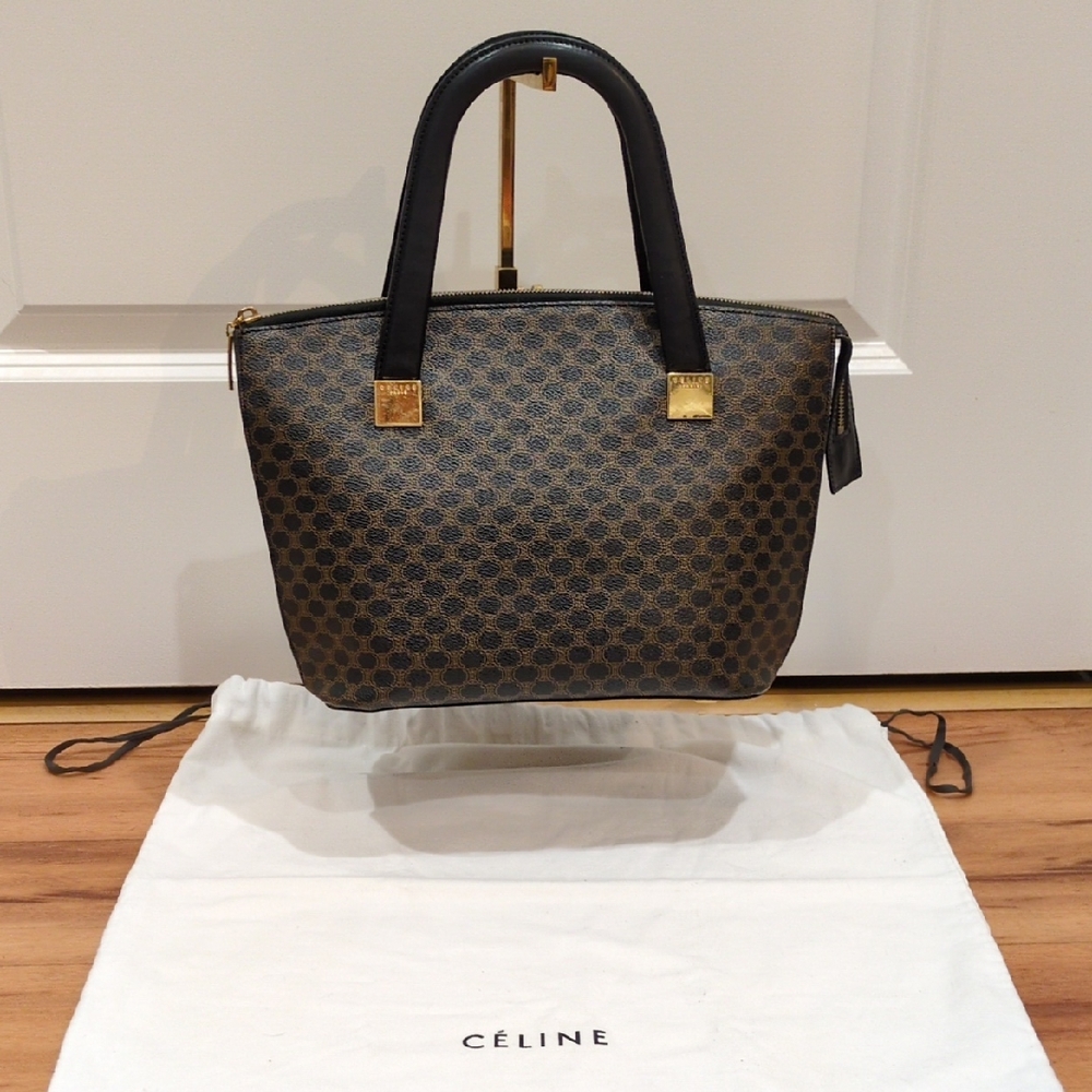Celine GUC Black Macadam Coated Canvas Zip Top MC97/2 Satchel Purse With Dustbag